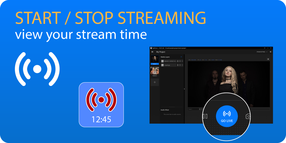 Stream Deck key starting and stopping the SplitCam stream, showing stream time