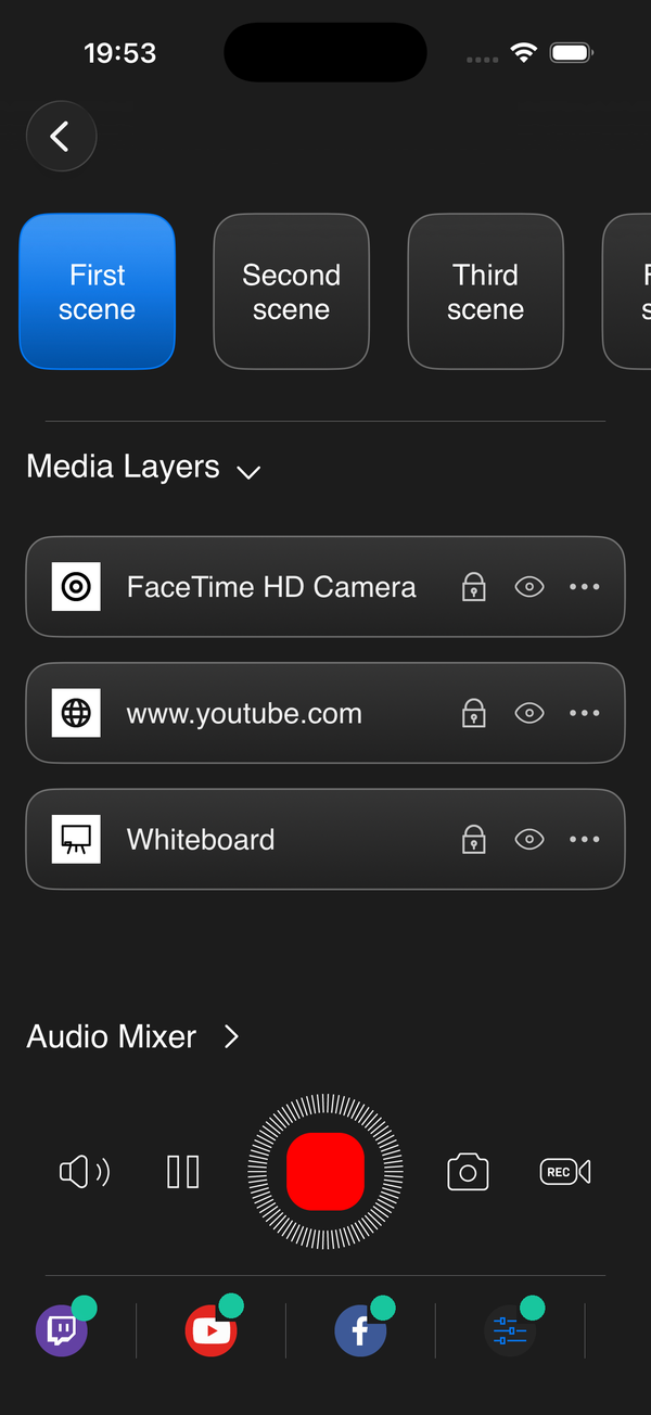 SplitCam Remote على iPhone — مبدّل المشاهد وطبقات الوسائط وخلّاط الصوت والتحكّم في البث